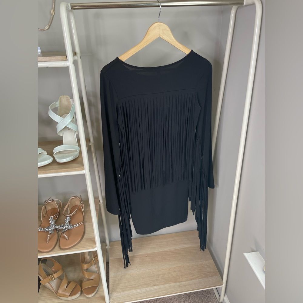 Auditions Black Long-Sleeve Fringe Midi Dress - Picture 4 of 5